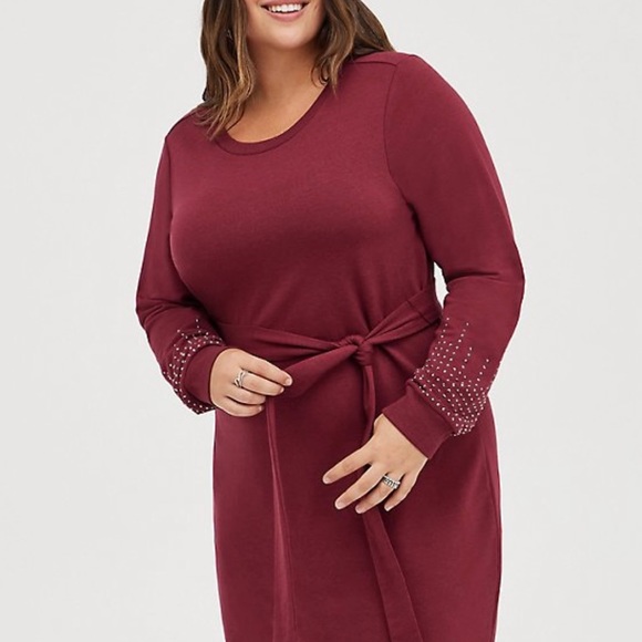 Torrid Pullover Mini Dress - French Terry Embellished Burgundy - Picture 2 of 8